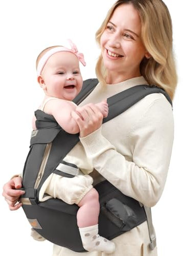 GROWNSY Babytrage, Advanced 6-in-1 Babytrage für Neugeborene ab Geburt, verstellbarer Sitz, Ergonomische Babytrage, Leicht&Atmungsaktiv - 0-36 Monaten geeignet(Dark Black)