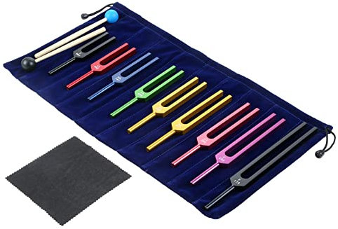 Solfeggio Stimmgabel-Set für Heilung, Vibration, Klangtherapie, 9 Stück Farb-Stimmgabel für 2 Stück Silikonhammer, Aufbewahrungstasche (174 Hz, 285 Hz, 396 Hz, 417 Hz, 528 Hz, 639 Hz, 852 Hz, 963 Hz)