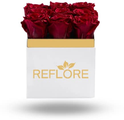 REFLORE 9 Rose Stabilizzate Vere Made in Italy - Box Fiori Stabilizzati Veri, Regalo Duraturo per Festa della Mamma, San Valentino, Anniversario e Occasioni Speciali (Box Bianca Rose Rosse)