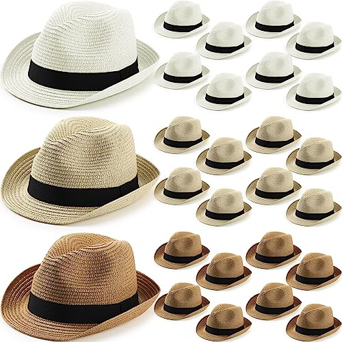Jeyiour Lot de 24 chapeaux en paille pour femme, chapeaux panama en vrac pour homme, chapeaux courts à bord court emballables pour le soleil, chapeaux d'été en paille pour la plage, kaki, beige et