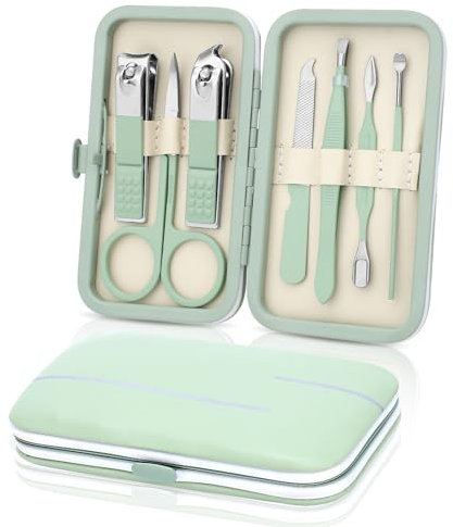 Manicure Set-Stainless Steel Nail Care Set-Professional 7 in 1 Ingrown Toenail Clipper Grooming Tool-Pedicure Kit & Toe Nail Cutter-Thick Nail Scissors Toiletries with Cuticle Trimmer (Green)