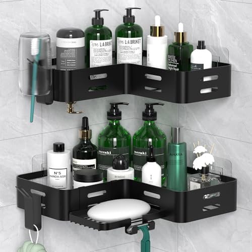 Daoun Eck-Duschablage, Duschregal ohne Bohren, Badezimmer-Aufbewahrung mit Rasierer-Halter für Dusche und 2 Haken, Dusch-Organizer (Schwarz)