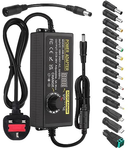 Universal Power Adapter 9V~36V 3A 108W DC Power Supply 9V 12V 15V 16V 18V 19V 20V 24V 27V 30V 33V 36V Variable Power Supply 100V-240V AC to DC Converter with 14 Different Plugs & Polarity Converter