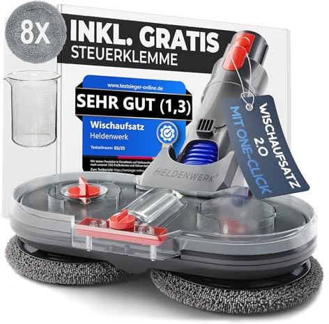 HELDENWERK Wischaufsatz für Dyson V12 Staubsauger, Dyson Zubehör Wischaufsatz, Elektrischer Bodenwischer mit Wassertank, Füllbehälter & 8 waschbaren Mops