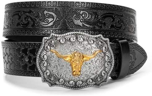 Eohak Western-Ledergürtel mit Cowboy-Schnalle für Herren und Damen, Jeans, gravierter Floraler Longhorn Bull Texas-Schnallengürtel (33–41 Zoll Taille) (Schwarz, Für 91–104 cm Taille)