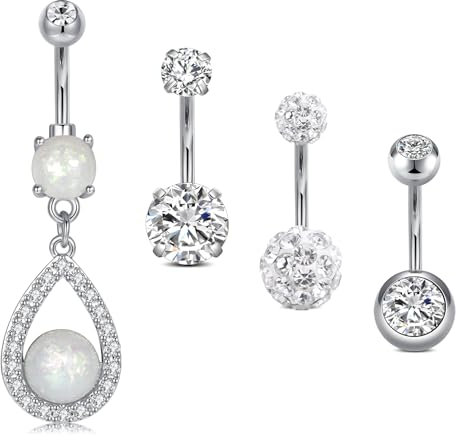 MODRSA 14G Bauchnabelpiercing Chirurgenstahl Damen Piercing Bauchnabel Silber Opal Piercing Bananabells Stab 10MM Anhänger Piercing Bauchnabel