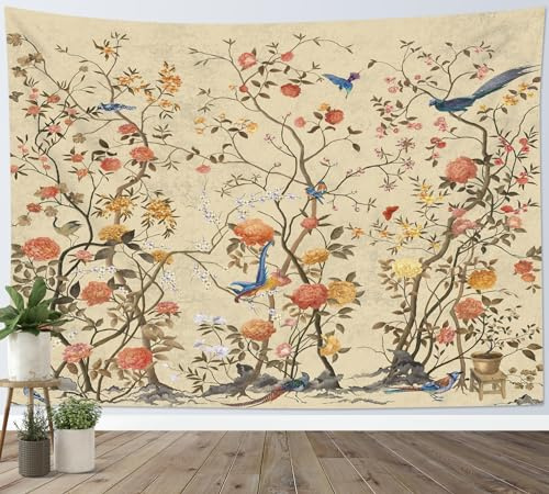 LB Wandteppich Vintage-Blumen Wandtuch Vogel auf Blumenbaum Wandbehang Retro-Ästhetik Tapisserie für Wohnzimmer Schlafzimmer Wohnheim Wanddeko,150x100cm