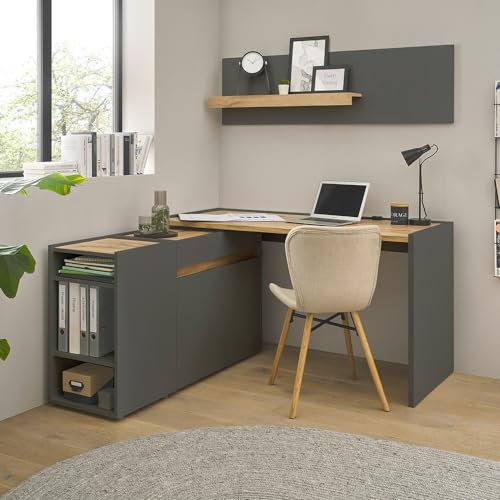 Lomadox Büromöbel Set anthrazit mit Eiche 4-teilig modern, 1 Schreibtisch, 1 Kommode, 1 Regal, 1 Wandboard