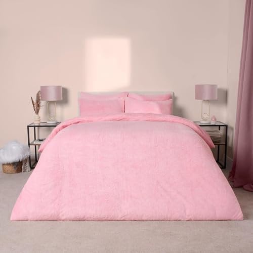 Brentfords Duvet Cover Double Teddy Pink Fluffy Bedding, Super Soft Warm Cosy Fleece Christmas Winter Bedding with Pillowcases Bed Set for Double Bed