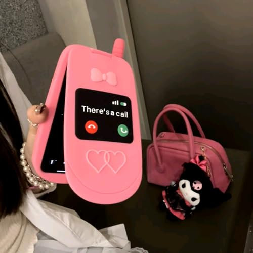 Aeilene Pink Funny Phone Case for iPhone 12 Pro Max, Cute 3D Cartoon Hot Pink Retro Flip Mobile iPhone Case Protective Soft Silicone Cell Phone Case for Women Girls
