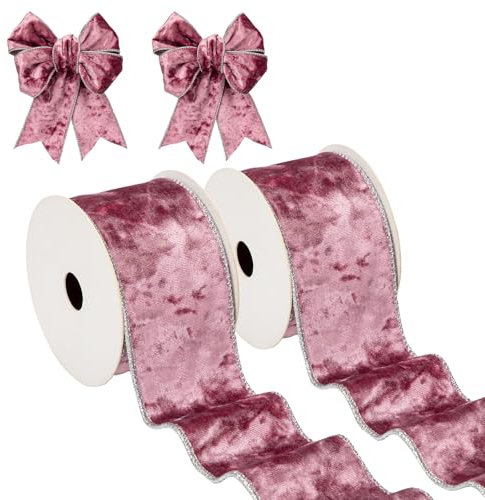 Hollyone 2PCS Rosa Samtband 6.3cm x 10yds, Vintage Weihnachtsband für Geschenkverpackungen, breites Geschenkband für Weihnachtsdekoration, Kranzschleifen Dekoration Handwerk Hochzeit Geburtstag