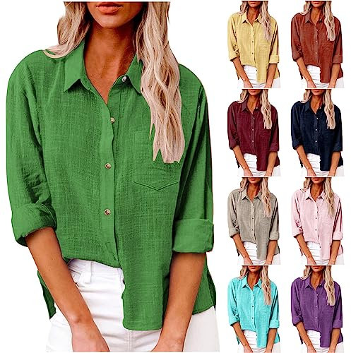 2024 Chemise Lin Femme Éte Chemisier Coton Et Lin pour Femmes Col V avec Boutons Décontractés Manches Longues Tops Couleur Unie Lâche Respirant T-Shirts Grandes Tailles Casual Tunique Blouse Pas Cher