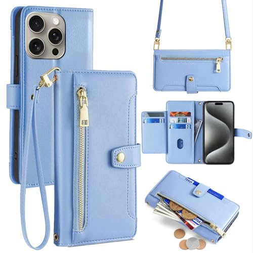 Hülle Kompatibel mit Apple iPhone 15 Pro Max | Leder Handyhülle Praktische Handykette Kartenfächer Brieftasche Umhängetasche Kompatibel für iPhone 15 Pro Max | Hellblau