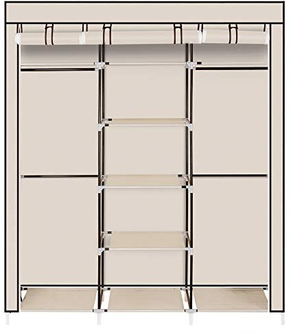 Bonnlo Kleiderschrank, Offener Kleiderschrank Stoff, 150 x 45 x 175 cm, Stoffschrank mit Kleiderstange & Ablagen Stabil, für Schlafzimmer, geräumig, Faltschrank, Beige