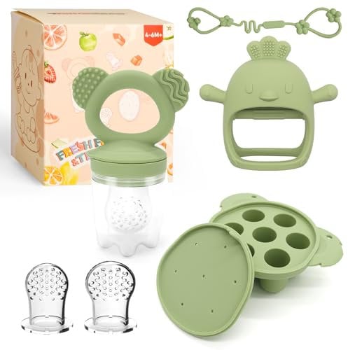 Beißring Baby & Fruchtsauger Baby, Zahnungshilfe für Babys ab 6 Monate, Silikon Beißspielzeug BPA-Frei, Baby Zahnen Relief (Grün)