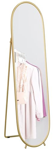 HOMCOM 40 x 160cm Full Length Mirror, Floor Standing or Leaning Against Wall Tall Mirror with Support Frame, Oval Full Body Mirror for Bedroom, Living Room, Gold Tone