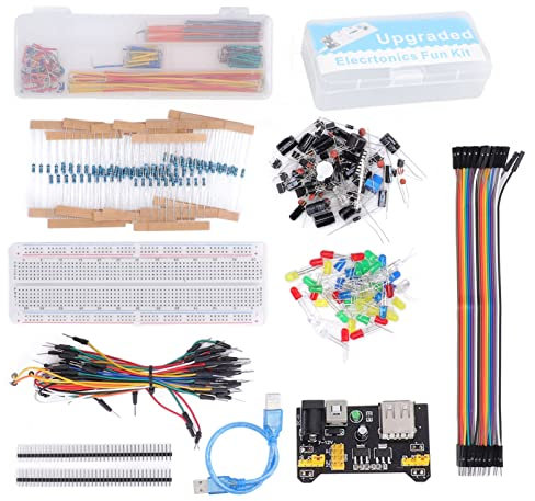 Electronics Fun Kit Kit de componentes electrónicos Starter Fun Surtido con módulo de Fuente de alimentación, Cable de Puente, potenciómetro de precisión, Placa de Pruebas de 830