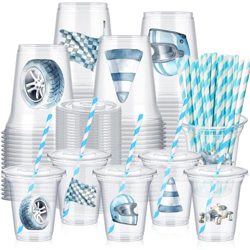 Boao 36 Sets Watercolor Race Car Theme Cups with Lids and Paper Straws 14 oz Racing Birthday Party Supplies Favors Decorations Disposable Clear Plastic Cups Bulk for Race Car Theme Birthday Party