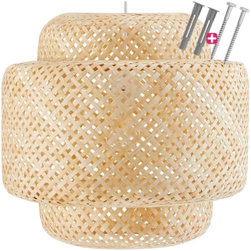 tectake® Lampe, gewebte Deckenlampe, Deckenleuchte aus Bambus, Pendelleuchte Korb Geflecht, Hängelampe, moderne Ambientebeleuchtung für Schlafzimmer, Wohnzimmer, Esstisch, höhenverstellbare Flurlampe