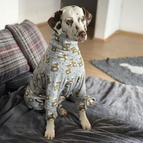 EDEL&SCHNELL Hundepullover grau aus kuscheliger Baumwolle mit Hirschmotiv, Hundepyjama ohne Reißverschluss, gemütlicher Hundebody Größe 40–45 für Windspiel & Whippet