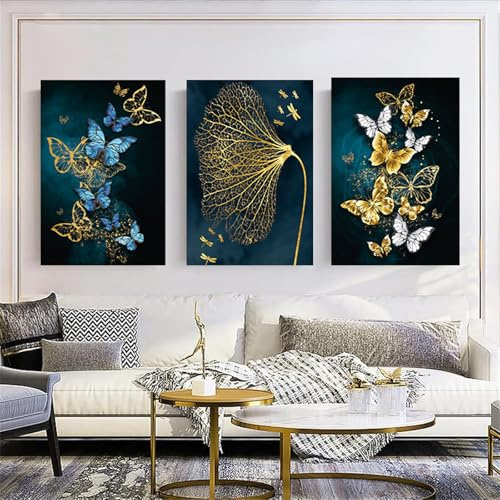 Dreiteiliges Poster-Set,Gold Seidenfaden-Lotusblatt- und Schmetterlinge-Leinwand Gemälde,Leinwand Material, dekoratives Kunst Bild für Wohn- und Schlafzimmer，Ohne Rahmen (50X70CM)