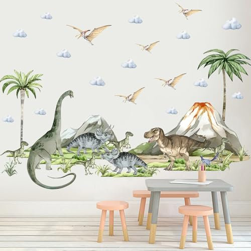 SSyang Groß XXL Wandtattoo Dinosaurier, Dino Wandtattoo Kinderzimmer, Wandtattoos Kinderzimmer Junge, Klebe Wand Dino Landschaft Jungen, Pflanzen Vulkan Wandsticker, für Jungenschlafzimmer