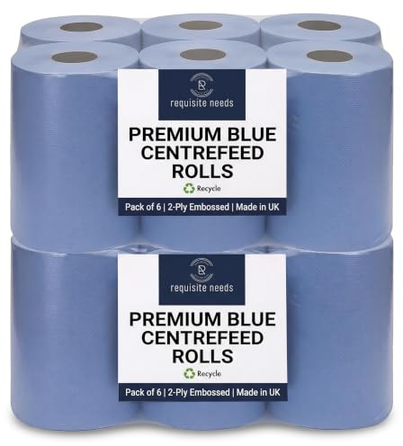 REQUISITE NEEDS 12 Blue Rolls Centrefeed Paper Tissue Rolls, Embossed Multipurpose 2-Ply Laminated Kitchen Towel for Home & Commercial Cleaning