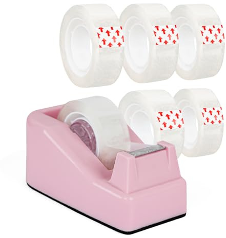 Desktop Tape Dispenser Pink with Weighted Nonskid Base - Includes 6 Rolls of Transparent Tape (0.71 Inch x 1000 inches Each)
