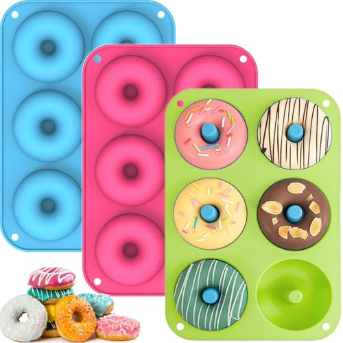BGOBTY Moule Silicone,3 pièces Donuts Silicone,6 cavités moule cake factory,moule silicone pâtisserie,résistant à la chaleur antiadhésif,convient pour gâteaux,biscuits,bagels (Ronde)