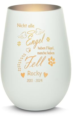 Gravur-Max Haustier Trauerlicht mit Gravur Nicht alle Engel haben Flügel, Manche haben Fell mit Wunschname und Pfote mit Einer hochwertigen Lasergravur in der Farbe Weiß/Silber