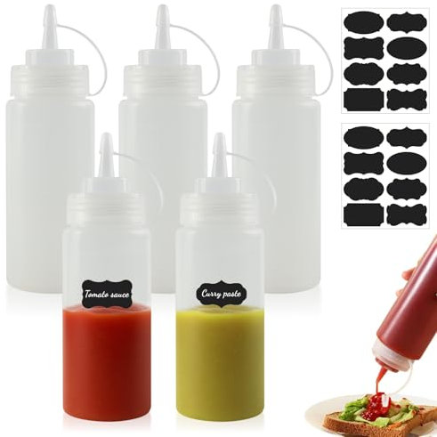 FYting Squeeze Flasche,5 Stück Quetschflasche 250ml,Saucenflasche with 2 Scale,BPA Frei, Auslaufsicher, 2 Blättern von Etikettpapier, für Ketchup, Senf, Mayonnaise, OlivenöL(8 OZ)