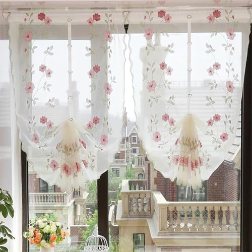 Voile Scheibengardinen Transparente Küchengardine Jacquard Kurzstore mit Blumen Stickerei Landhausstil Küche Gardinen Kurz Bistrogardine Vorhänge für Fensterdeko (Rosa Blumen,B80x H130 (2er Pack))