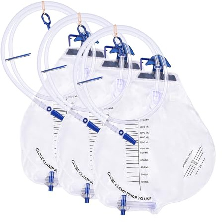 3 Pack 2000ml Sterile Urinary Drainage Bags with Anti-Reflux Chamber, Urine Bag with 48 Drainage Tube for Men and Women, Overnight Bedside Disposable