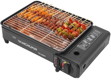 Barbecue a gas portatile, da tavolo, da campeggio, con bistecchiera, griglia in butano, con 2 griglie e valigetta per barbecue, per feste, camper