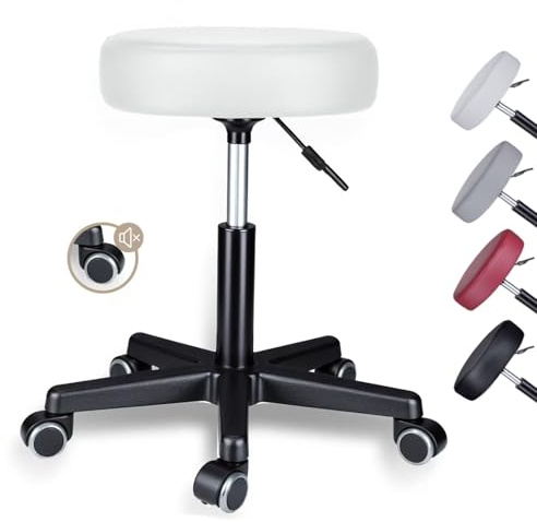 Zedelmaier Rollhocker Bürohocker höhenverstellbar 360°drehbarer Arbeitshocker mit Rollen und 10cm Polsterung Sitzhöhe 46–60cm belastbar bis 130 kg Friseurhocker Kosmetikhocker(Weiß)