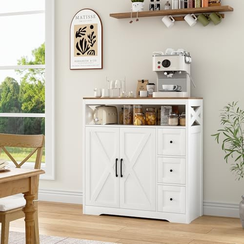 Teahutty Sideboard Küchenschrank mit 3 Schubladen und 2 Türen, Aufbewahrungsschrank Buffetschrank mit Türen, Küchenkommode mit Arbeitsplatte für Wohnzimmer, Esszimmer (‎Weiß, 100 x 40 x 105 cm)