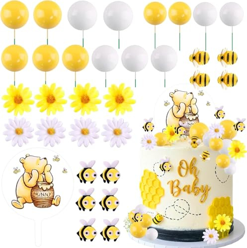 Morofme Winnie Puuh Tortendeko 33 Stück, Cake Topper Gelbe Weiß Kugeln Gänseblümchen Bienen Accessoires, Winnie Puuh Party Tortendeko Geburtstag für Cupcake Topper, Geburtstag, Themenparty Kuchendeko