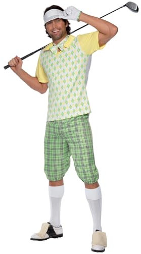 Smiffys Costume de partie de golf, vert, jaune et blanc, avec viseur, short, haut, nœud papillon et gant Halloween