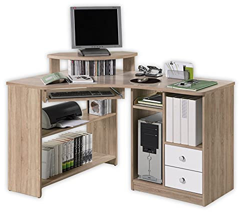 Stella Trading TANGA Eckschreibtisch mit Tastaturauszug & Aufsatz in Eiche Sonoma Optik, Weiß - Kompakter Bürotisch Computertisch mit Ablagefächern - 135 x 94 x 95 cm (B/H/T)