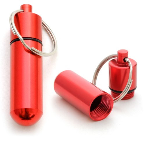 Ganzoo Pillen-Dose im 2er Set, Aluminium-Kapsel als wasserdichter Schlüsselanhänger, Schraubverschluss mit Gummidichtung, Mini Aufbewahrung für Pillen, Medikamente, Kleinteile, rot, 48 mm Höhe