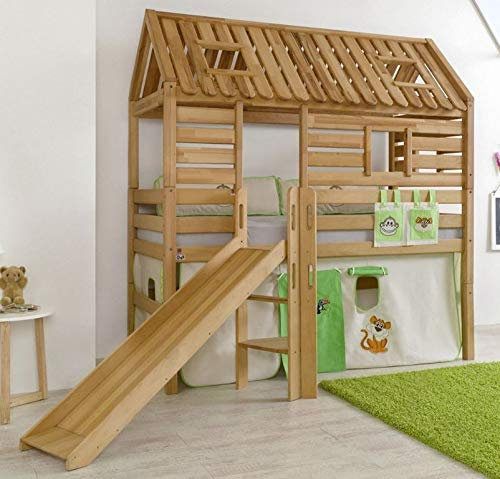 Froschkönig24 Hochbett Tom´s Hütte 1 Kinderbett Rutsche Spielbett Bett Natur Stoff Dschungel, Matratze:mit