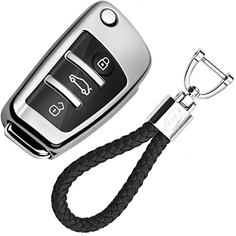 KASER Autoschlüssel Hülle kompatibel für Audi Cover TPU Silikon Hochglanz Schutzhülle Schlüsselhülle Fernbedienung A1 A2 A3 A4 A5 A7 Q1 Q3 Q5 TT Schlüsselbund (Silber)