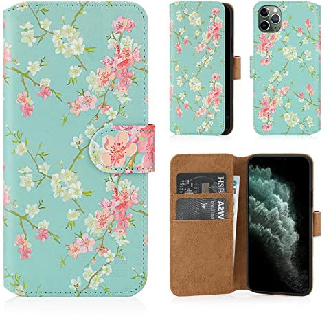 32nd Floral Series 2.0 - Design PU Leather Book Wallet Case Cover for Apple iPhone 11 Pro Max (6.5), Designer Flower Pattern Wallet Style Flip Case With Card Slots - Spring Blue