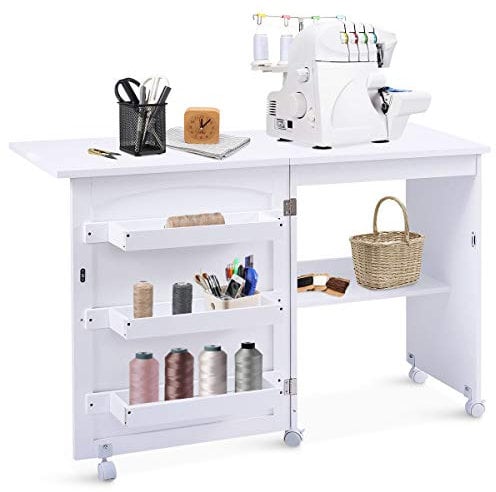 GOPLUS Faltbarer Nähtisch, Versenkbarer Nähmaschinentisch mit Rollen & Tür, Klappbarer Nähschrank für Nähmaschine, Nähmaschinenschrank für Wohnzimmer Arbeitszimmer Schlafzimmer (Weiß)