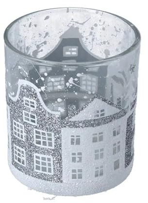 Gisela Graham Christmas Candle T-Light Holder Silver and White Houses Small