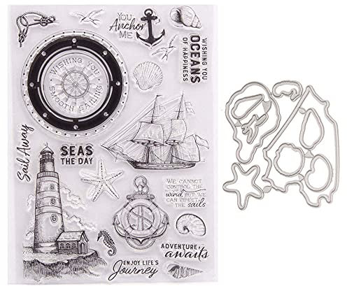 GIVBRO Transparente Silikon-Stempel, Siegel-Aufkleber, Stanzform, nautisches Thema, Prägeschablone mit Leuchtturm, Ruder, Segelboot, Muscheln