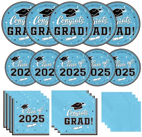 Graduation Plates and Napkins Gatherfun 2026 Graduation Party Supplies Sky Blue Disposable Paper Plates Cocktail Napkins for Congrats Grad Decorations, Serve 50