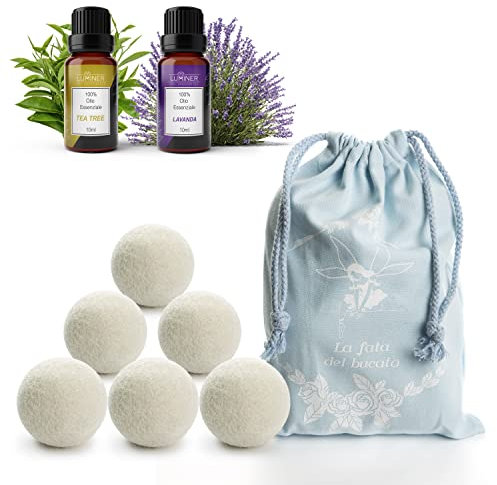LUMINER Bolas de Lana Secadora de Ropa, 6x Bolas para Secadora Antiarrugas y Que Atrapan el Cabello con 2 Aceites Esenciales de Lavanda y Árbol de Té, Bolas para Secadora Silenciosas y Perfumadas