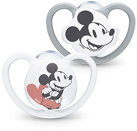 NUK Sauger Space | 6-18 Monate | Lutscher mit extragroßen Belüftungsöffnungen | Silikon BPA-frei | Disney Micky Maus | Grau/Weiß | 2 Einheiten