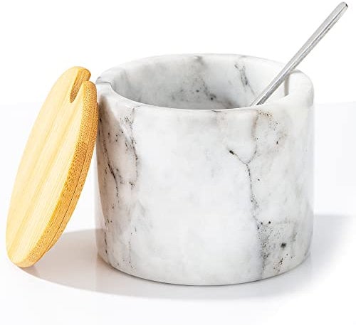NHKRTE Marble Salt Cellar with Lid & Spoon, 11oz Salt and Pepper bowls, Handcrafted from Natural Marble, Smooth Inside (White)